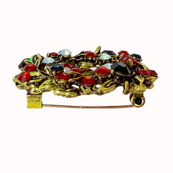 Vintage Christmas Wreath Brooch Pin Gold Tone Rhinestone Holiday Outfit Gift - Picture 4 of 15